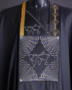 A Charcoal Black, Ajala The Traveler Metallic Wire Embroidery Details Agbada With Swarovski Stone