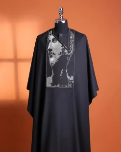 A charcoal black, Alexander 3 portrait embroidery details agbada, silver clear view Swarovski buttons on 3/4 sleeve kaftan & sokoto