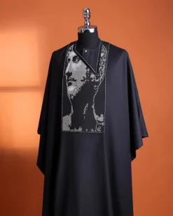A charcoal black, Alexander 3 portrait embroidery details agbada, silver clear view Swarovski buttons on 3/4 sleeve kaftan & sokoto