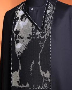 A charcoal black, Alexander 3 portrait embroidery details agbada, silver clear view Swarovski buttons on 3/4 sleeve kaftan & sokoto