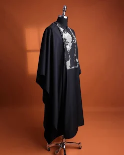 A charcoal black, Alexander 3 portrait embroidery details agbada, silver clear view Swarovski buttons on 3/4 sleeve kaftan & sokoto