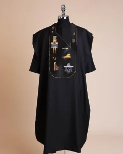 A Charcoal black, all stars, skull, bearded sailor & gold and silver Swarovski stone details agbada
