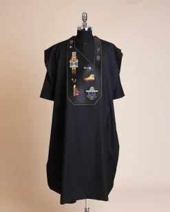 A Charcoal black, all stars, skull, bearded sailor & gold and silver Swarovski stone details agbada