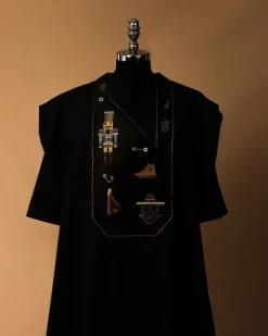A Charcoal black, all stars, skull, bearded sailor & gold and silver Swarovski stone details agbada