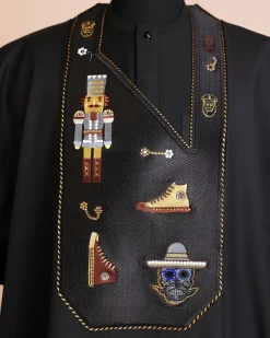 A Charcoal black, all stars, skull, bearded sailor & gold and silver Swarovski stone details agbada