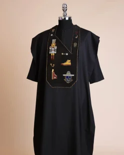A Charcoal black, all stars, skull, bearded sailor & gold and silver Swarovski stone details agbada