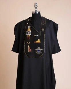 A Charcoal black, all stars, skull, bearded sailor & gold and silver Swarovski stone details agbada