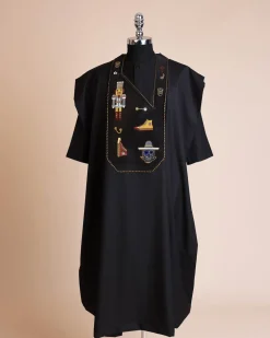 A Charcoal black, all stars, skull, bearded sailor & gold and silver Swarovski stone details agbada