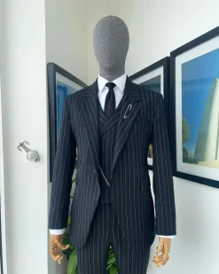 A charcoal black & white pencil stripe Jorgecarli ceremonial super 140’s “Board Room” notch lapel patch pocket suit