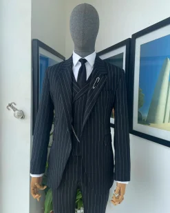 A charcoal black & white pencil stripe Jorgecarli ceremonial super 140’s “Board Room” notch lapel patch pocket suit