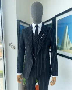 A charcoal black & white pencil stripe Jorgecarli ceremonial super 140’s “Board Room” notch lapel patch pocket suit
