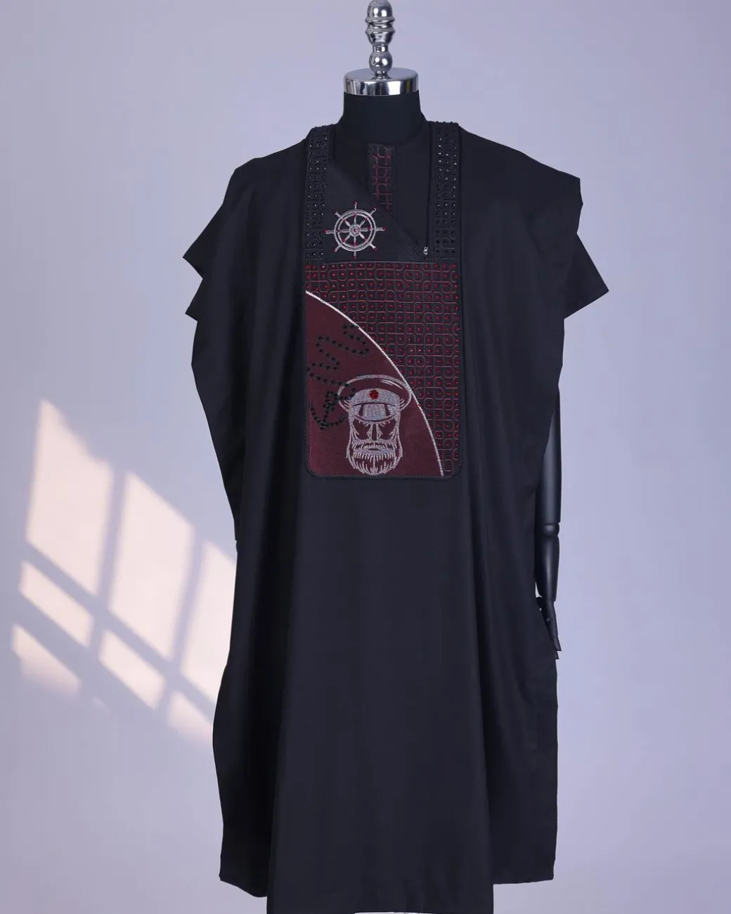 A Charcoal Black, Anchor, Wheel & Sailor Wire Embroidery Details Agbada