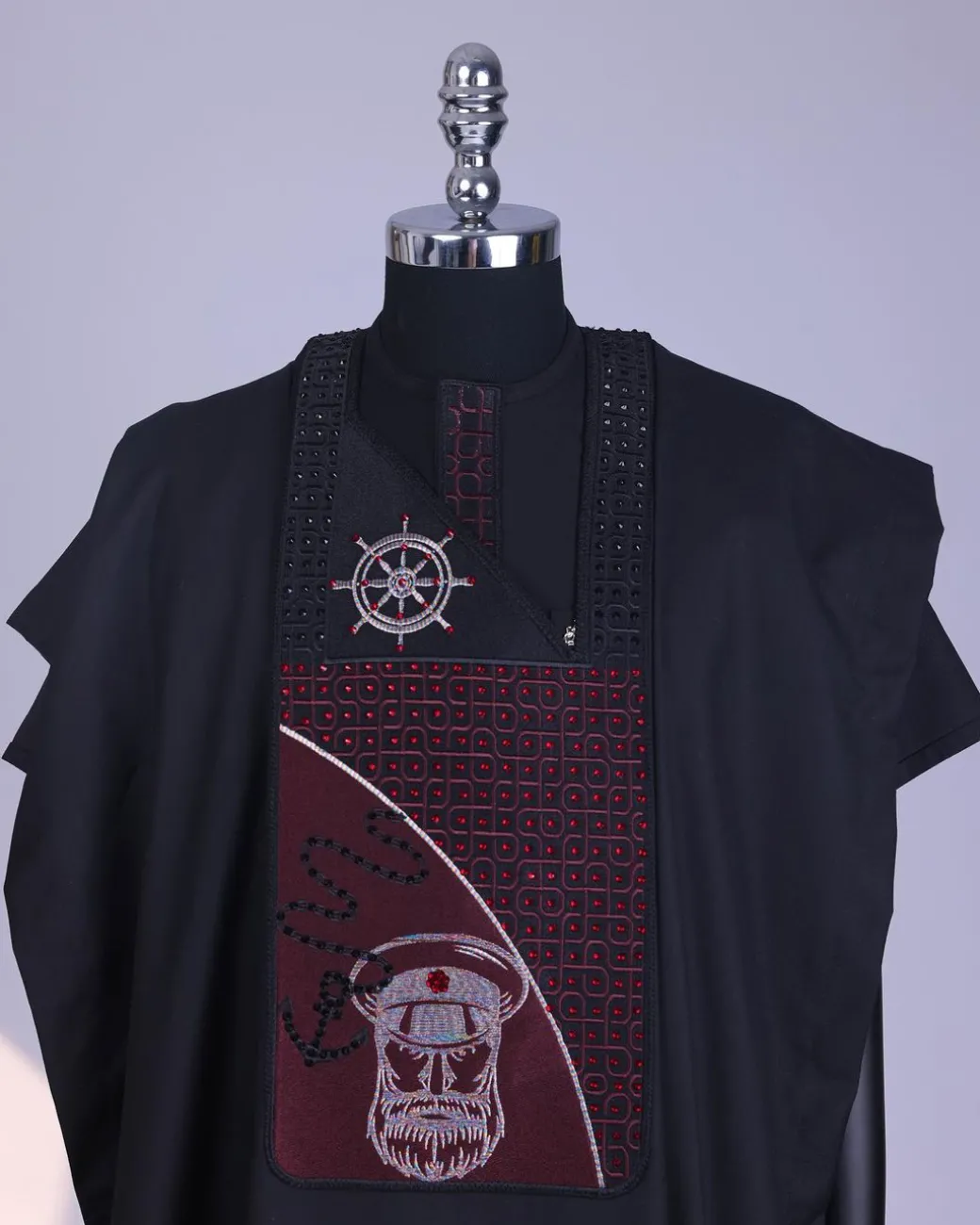 A Charcoal Black, Anchor, Wheel & Sailor Wire Embroidery Details Agbada