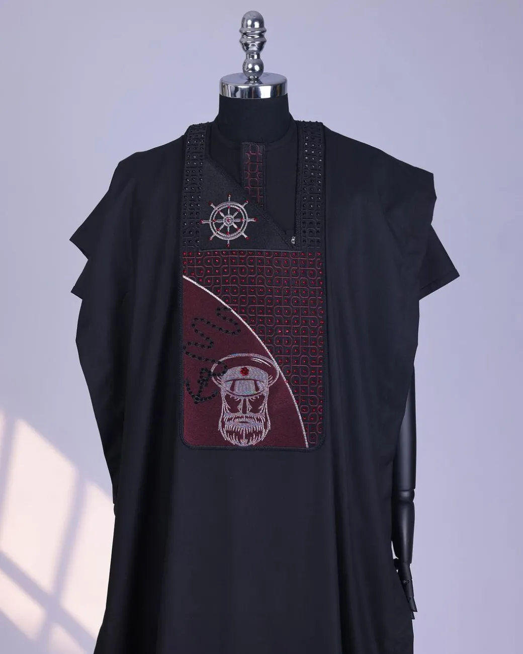 A Charcoal Black, Anchor, Wheel & Sailor Wire Embroidery Details Agbada