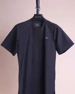 A charcoal black and admiral blue pencil stripe, invisible neckline zip line with layered front flap details, short sleeve African senator kaftan native.