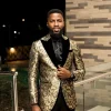 A Charcoal Black And Gold Splash, Peak Lapel Tuxedo Suit.