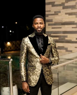 A Charcoal Black And Gold Splash, Peak Lapel Tuxedo Suit.