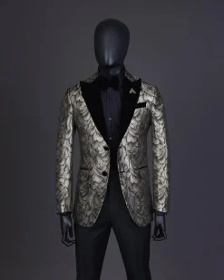 A Charcoal Black And Gold Splash, Peak Lapel Tuxedo Suit