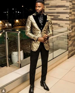 A Charcoal Black And Gold Splash, Peak Lapel Tuxedo Suit.
