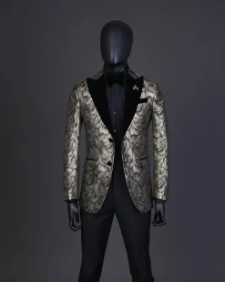 A Charcoal Black And Gold Splash, Peak Lapel Tuxedo Suit