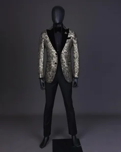 A Charcoal Black And Gold Splash, Peak Lapel Tuxedo Suit