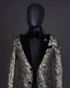 A Charcoal Black And Gold Splash, Peak Lapel Tuxedo Suit