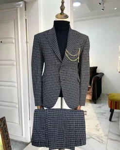 A Charcoal Black and ivory Check Peak Lapel Corporate Suit
