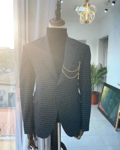 A Charcoal Black and ivory Check Peak Lapel Corporate Suit