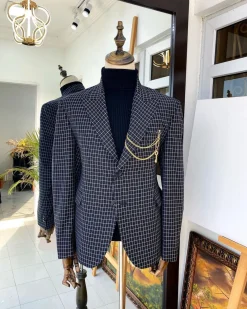 A Charcoal Black and ivory Check Peak Lapel Corporate Suit