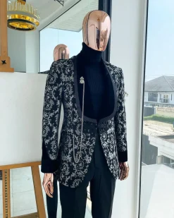 A Charcoal black and silver grey Metallic coarse floral pattern jacquard tuxedo Suit