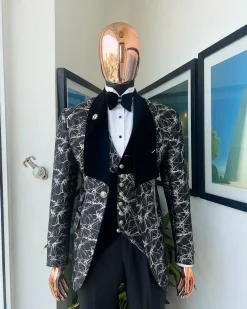 A charcoal black and silver spiral jacquard, shawl lapel tuxedo suit