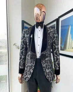 A Charcoal black and silver grey Metallic coarse and floral pattern jacquard tuxedo Suit