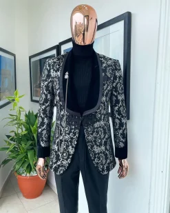 A Charcoal black and silver grey Metallic coarse floral pattern jacquard tuxedo Suit