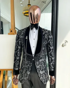 A Charcoal black and silver grey Metallic coarse and floral pattern jacquard tuxedo Suit