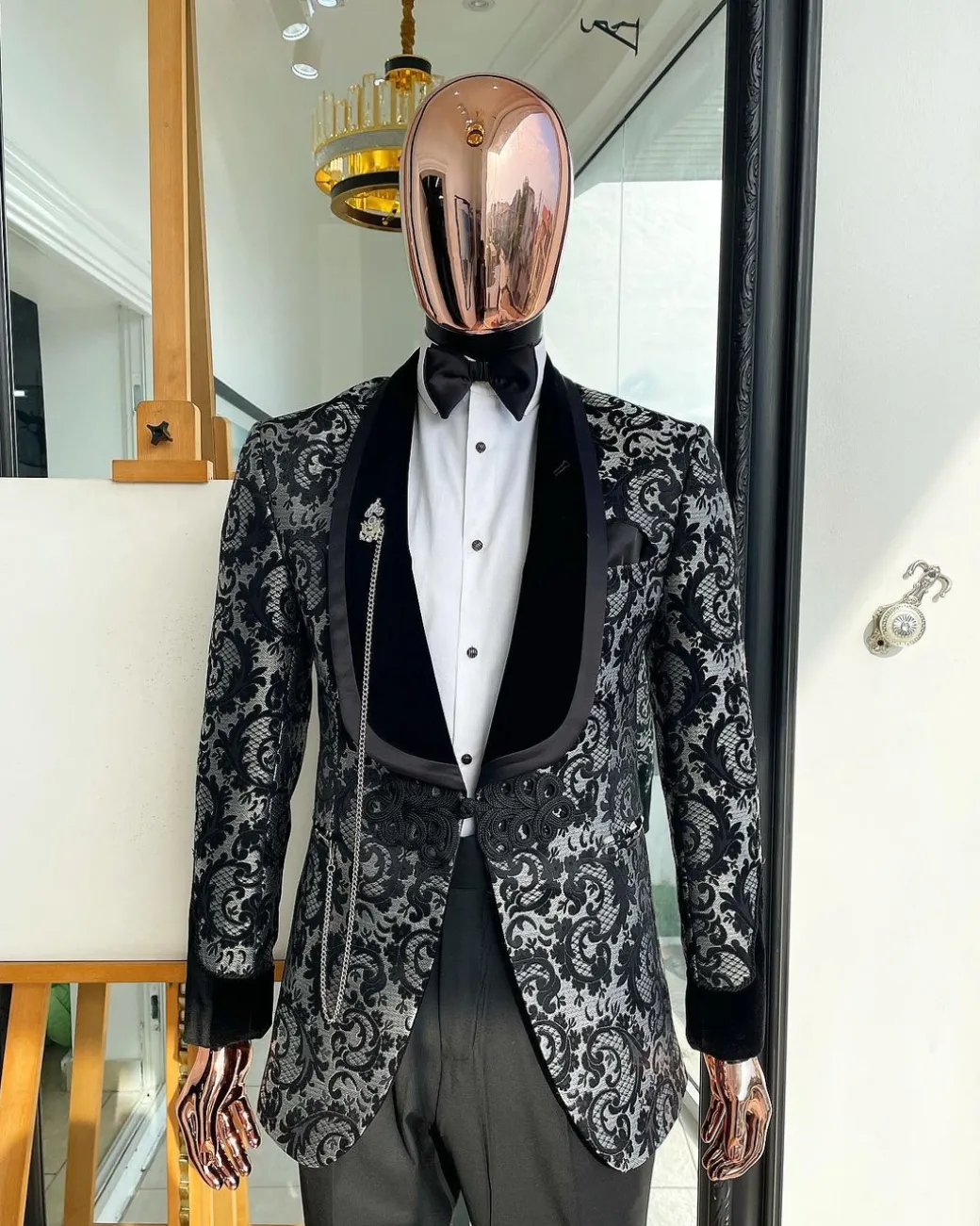 A Charcoal black and silver grey Metallic coarse and floral pattern jacquard tuxedo Suit