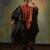 A Charcoal black, Arewa embroidery, front cut towards the back, traditional Agbada