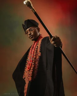 A Charcoal black, Arewa embroidery, front cut towards the back, traditional Agbada