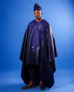 A Charcoal black, Arewa embroidery, front cut towards the back, traditional Agbada