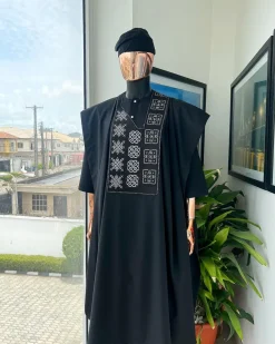 A Charcoal black, “Arewa” interwoven pattern embroidery details Agbada