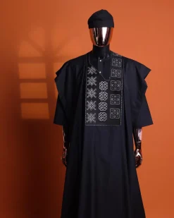A Charcoal black, “Arewa” interwoven pattern embroidery details Agbada