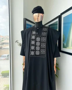 A Charcoal black, “Arewa” interwoven pattern embroidery details Agbada