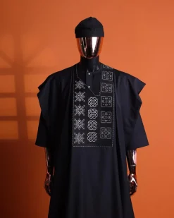 A Charcoal black, “Arewa” interwoven pattern embroidery details Agbada