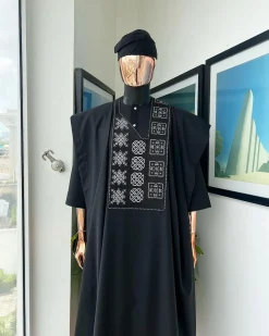 A Charcoal black, “Arewa” interwoven pattern embroidery details Agbada