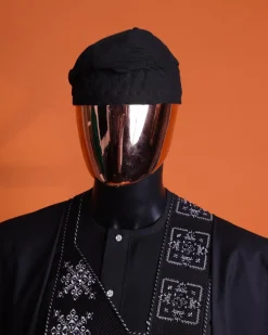 A Charcoal black, “Arewa” interwoven pattern embroidery details Agbada