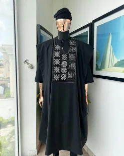 A Charcoal black, “Arewa” interwoven pattern embroidery details Agbada