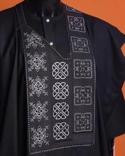 A Charcoal black, “Arewa” interwoven pattern embroidery details Agbada
