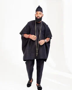 A Charcoal Black Aso Oke Dashik, Hand Swarovski Crystal Design Hat