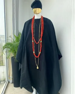 A charcoal black aso oke agbada with box patter embroidery design