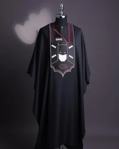 A charcoal black, “Batman VS Gotham” embroidery details agbada