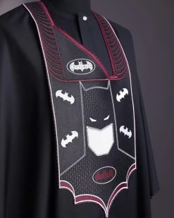A charcoal black, “Batman VS Gotham” embroidery details agbada